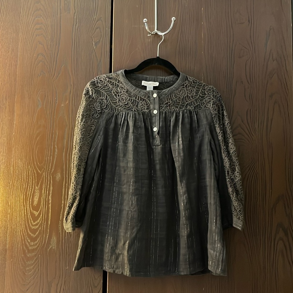 Coldwater Creek black blouse with see through lace at the top and on sleeves S